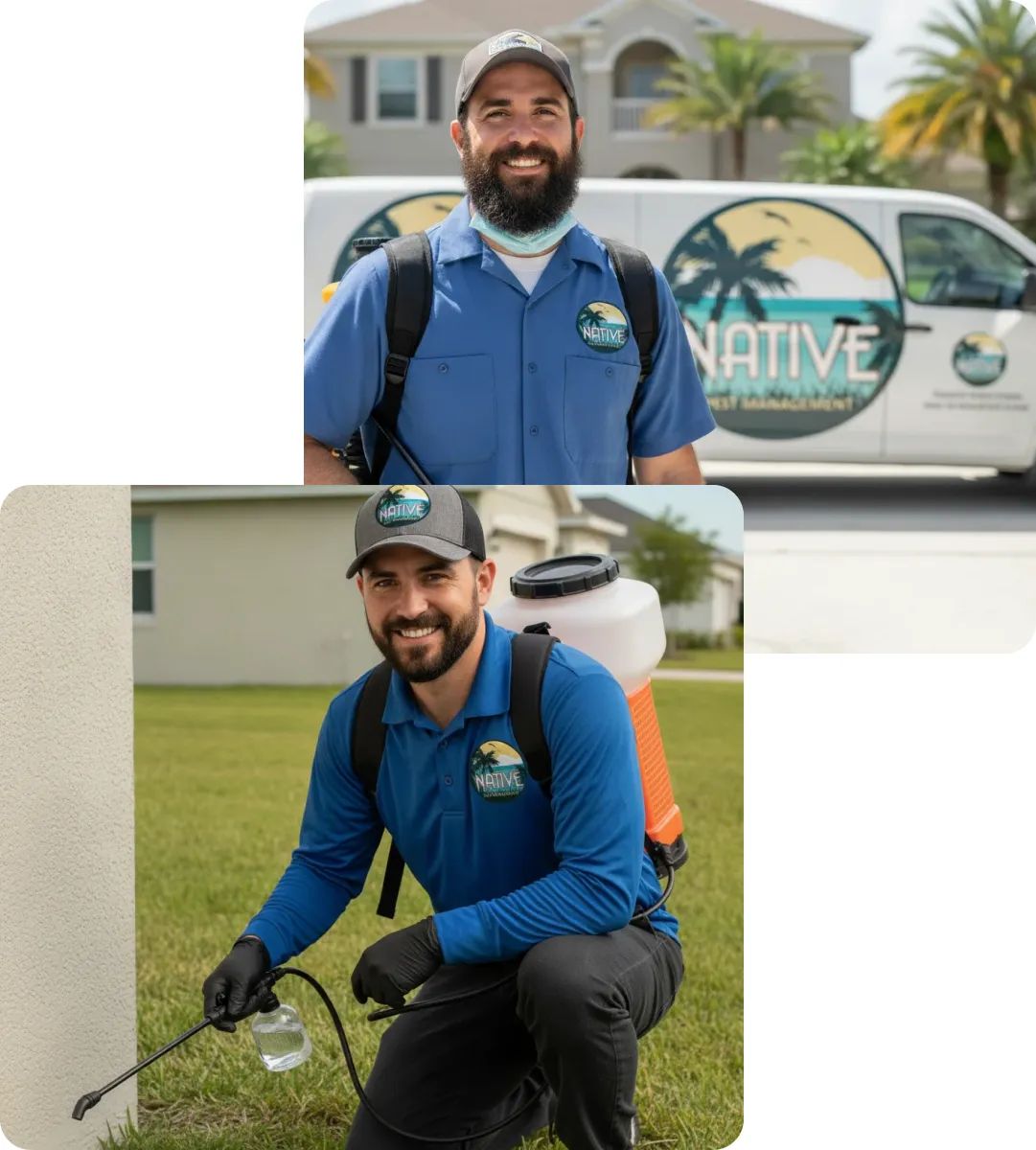 Pest technician in blue uniform kneeling by a house foundation with a backpack sprayer; company van with Native logo behind