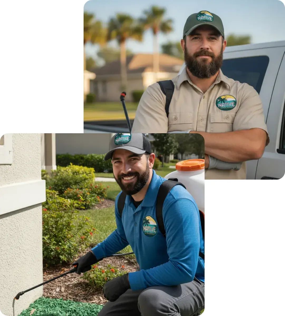 Two uniformed pest control technicians, one spraying a house foundation and another standing by a truck with Native logo