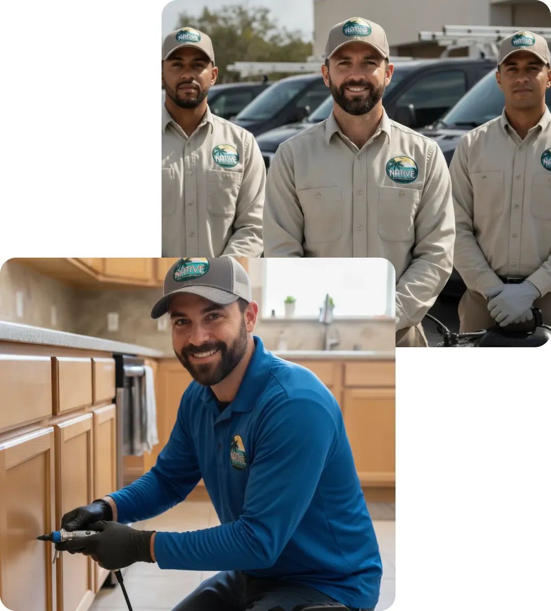 Three uniformed pest technicians by service vans; one technician kneels in a kitchen sealing a cabinet gap with a tool