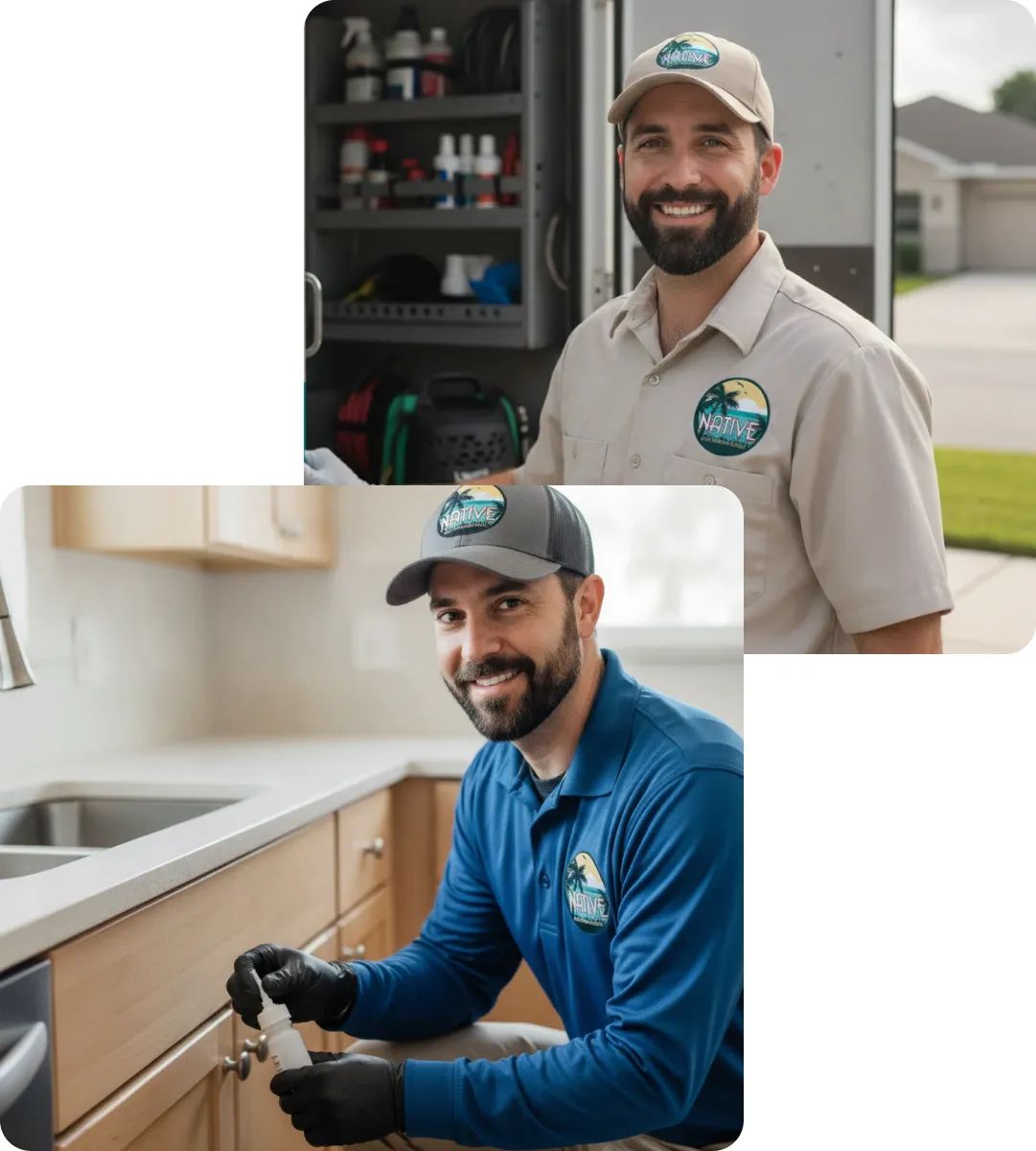 Pest control technician from Native Pest Management smiling while applying treatment under a kitchen sink