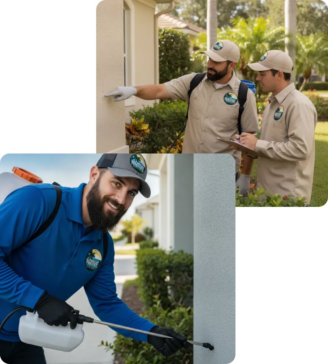 Two technicians in uniforms inspect a home's exterior while another technician sprays treatment along the foundation