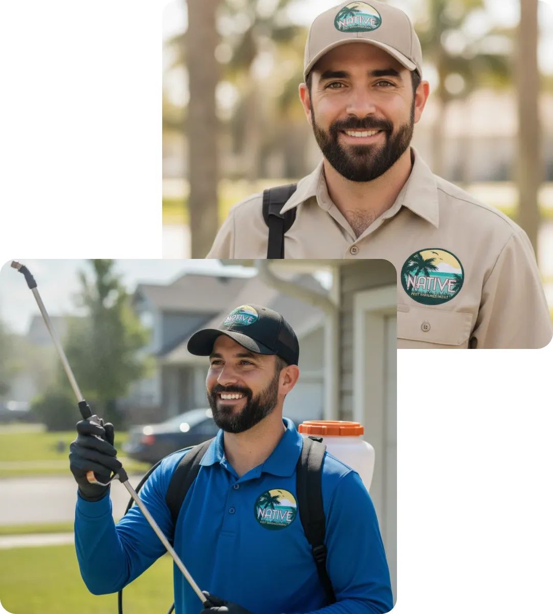 Smiling pest control technician in uniform and cap with Native logo, carrying a backpack sprayer and holding a spray wand