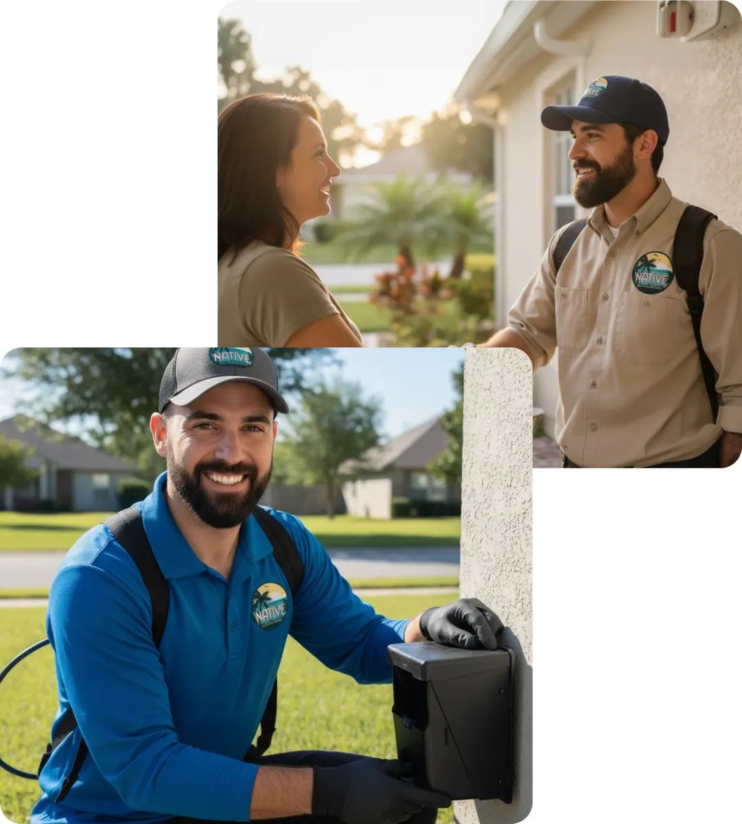 Technician in Native Pest Management uniform installs an outdoor bait station while smiling; homeowner stands at doorway.