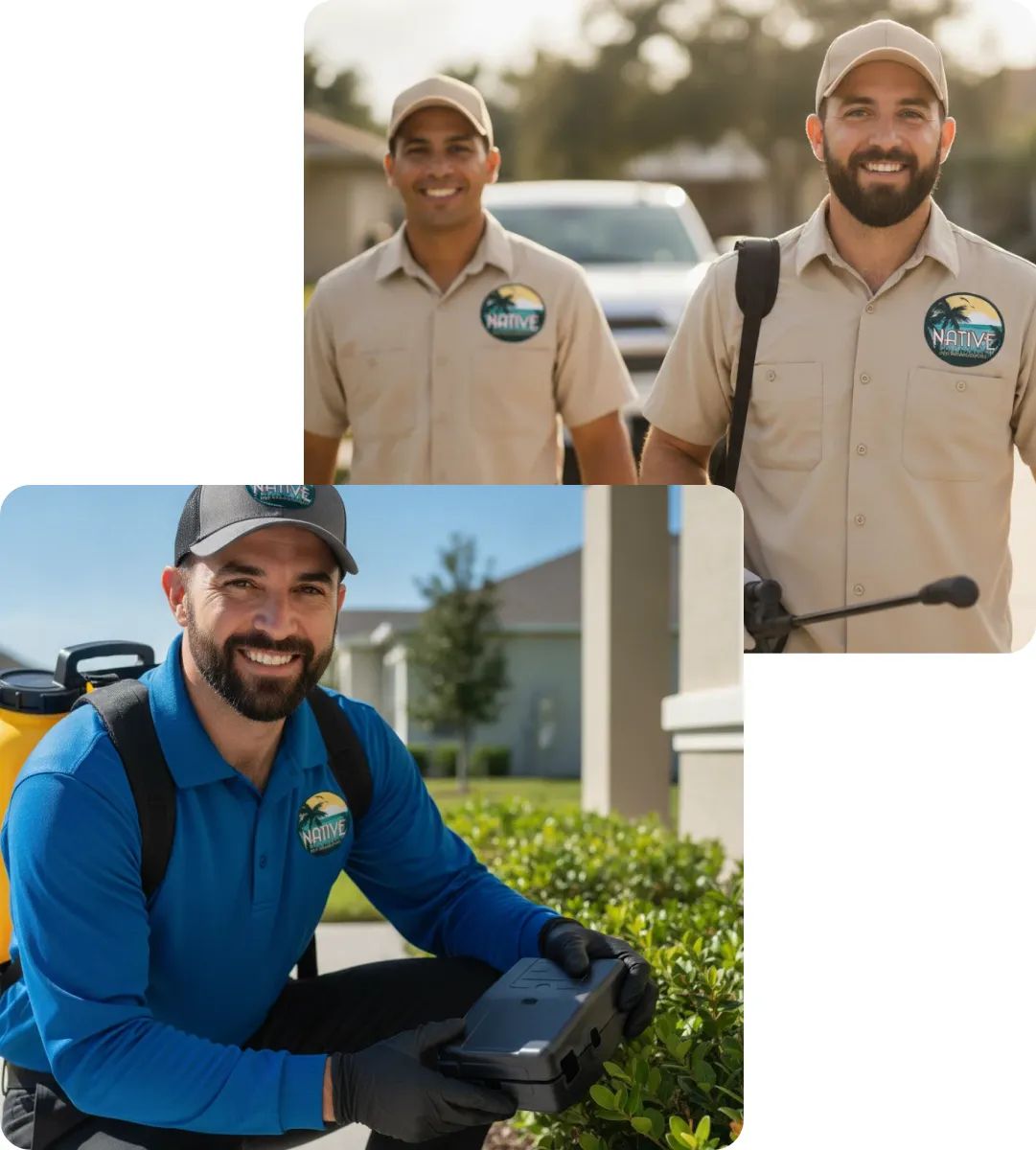 Two pest control technicians in uniforms smiling; one kneels placing a bait station in shrubs