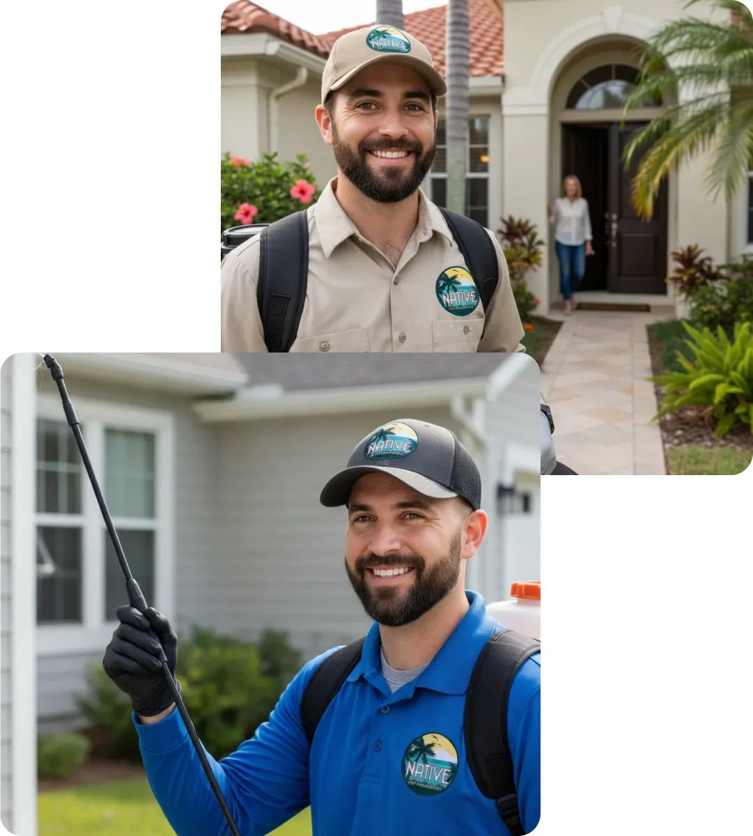 Two smiling pest-control technicians in 'Native' uniforms, one holding a spray wand outside residential homes