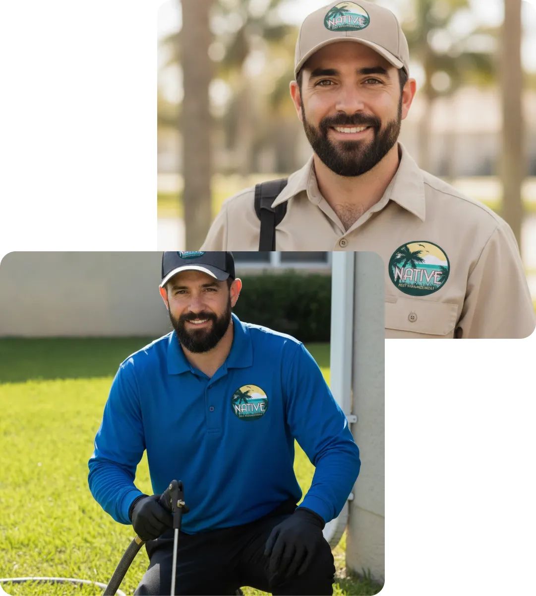 Smiling pest control technician in uniform with 'Native' logo kneeling on lawn holding treatment wand