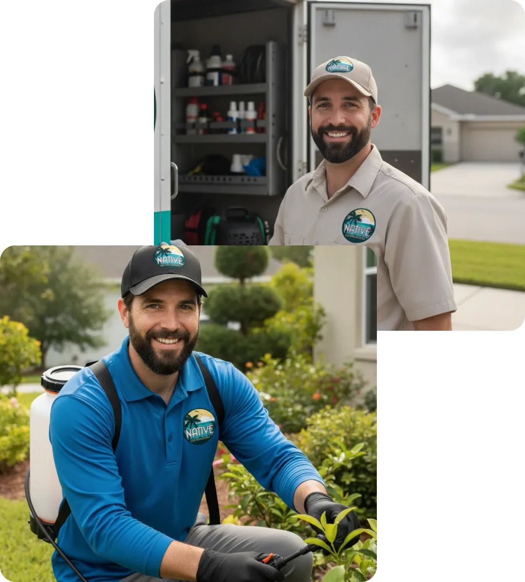 Smiling pest technician in beige uniform by a service truck, and kneeling in a yard treating plants with a sprayer