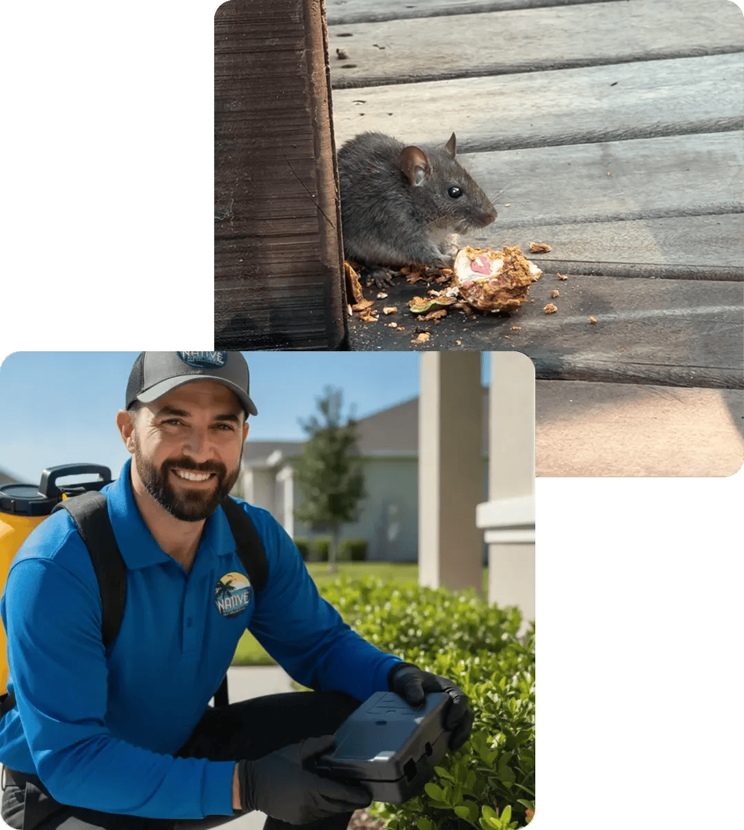 A rat eating food scraps on wooden decking beside a wall, and a smiling pest control technician placing a rodent trap