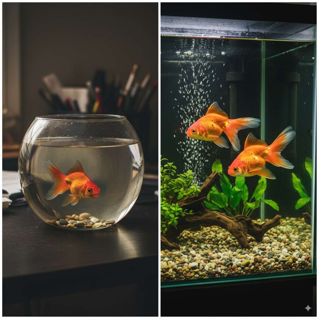 Confronto visivo tra un pesce rosso sofferente in una piccola boccia di vetro e pesci rossi sani e felici in un grande acquario allestito correttamente.