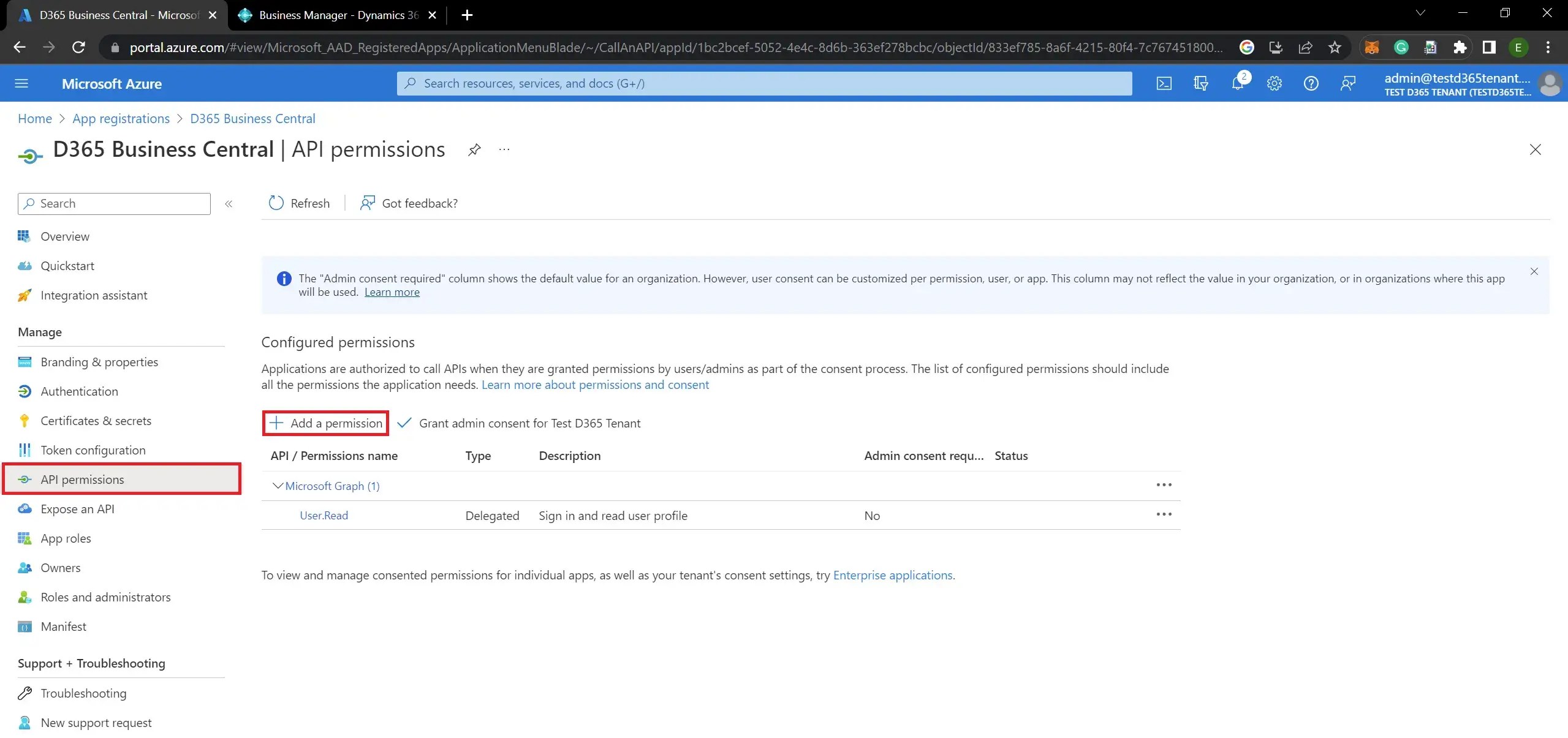How to register business central app with api permissions in azure