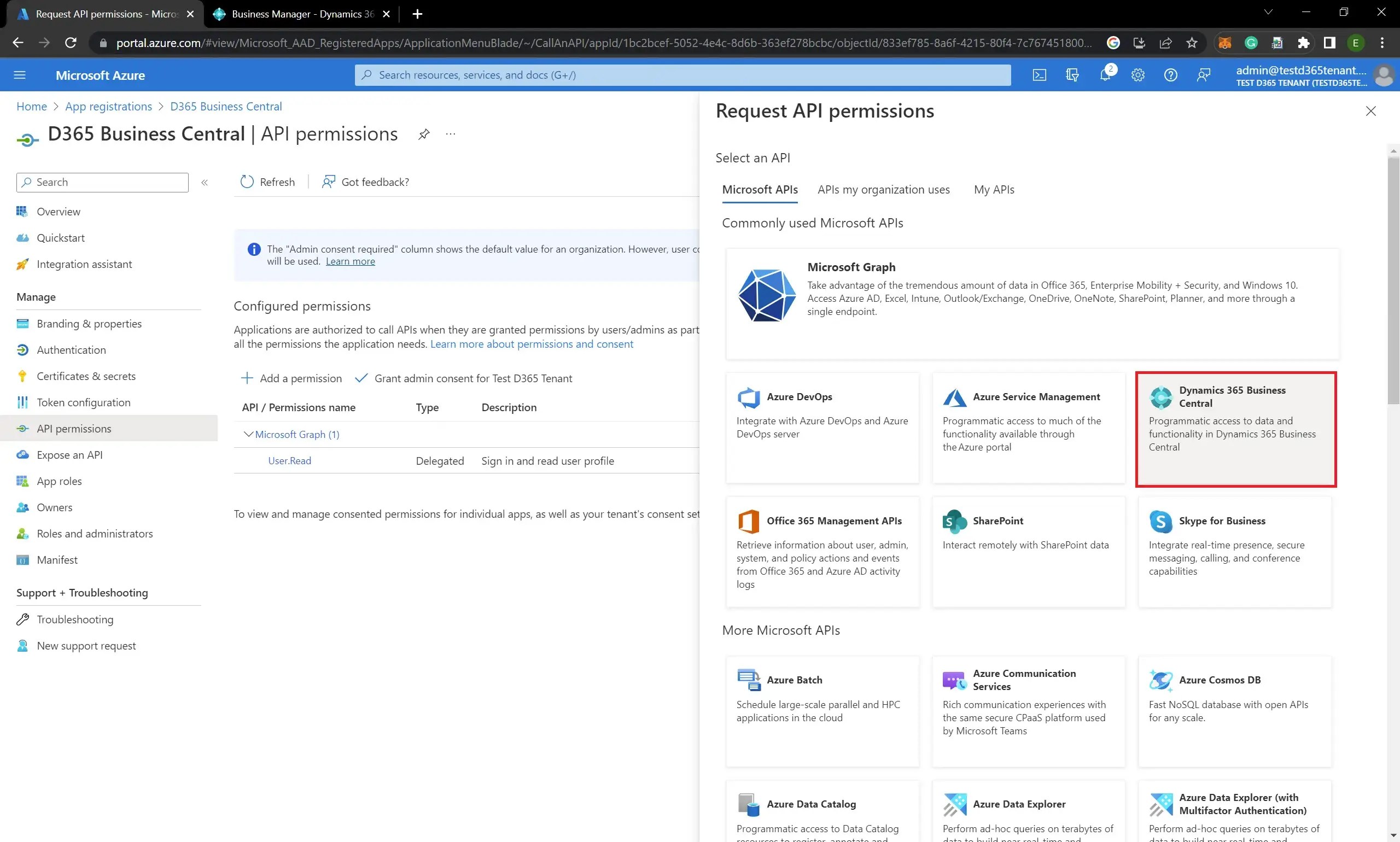 How to register business central app with api permissions in azure