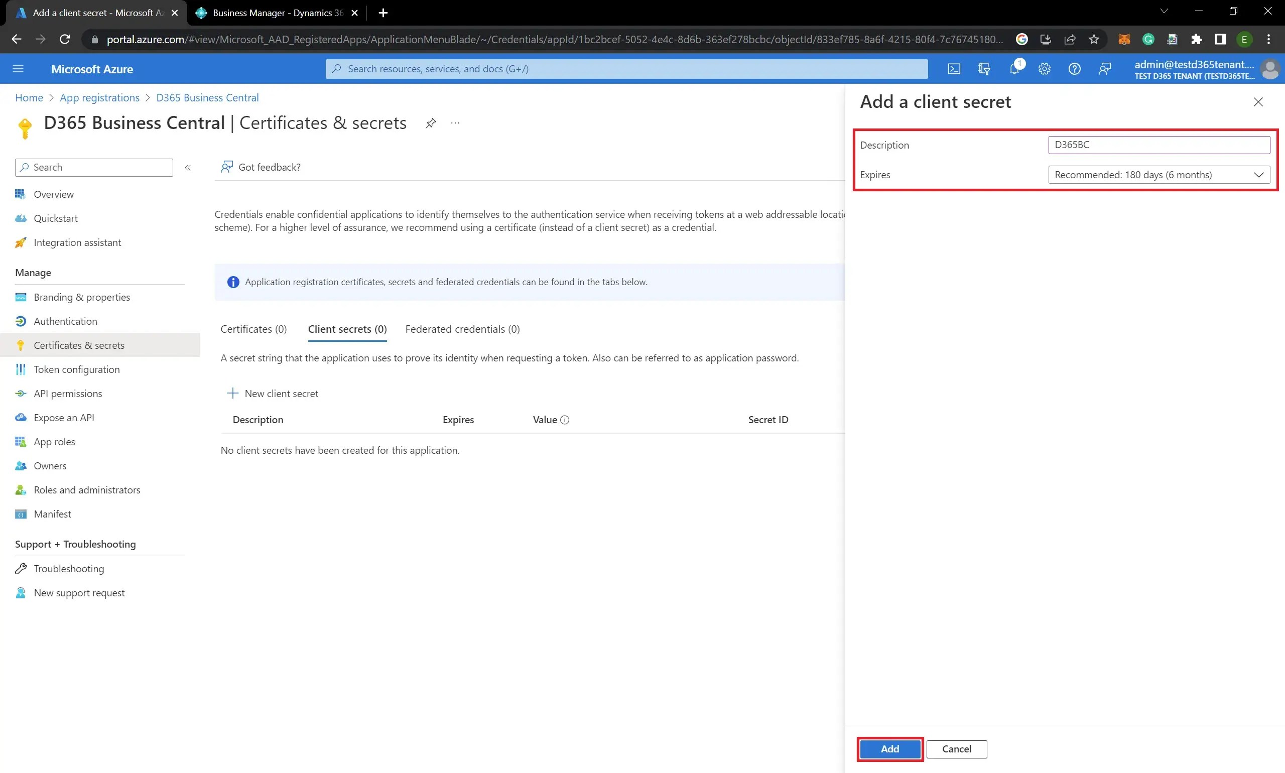 How to register business central app with api permissions in azure
