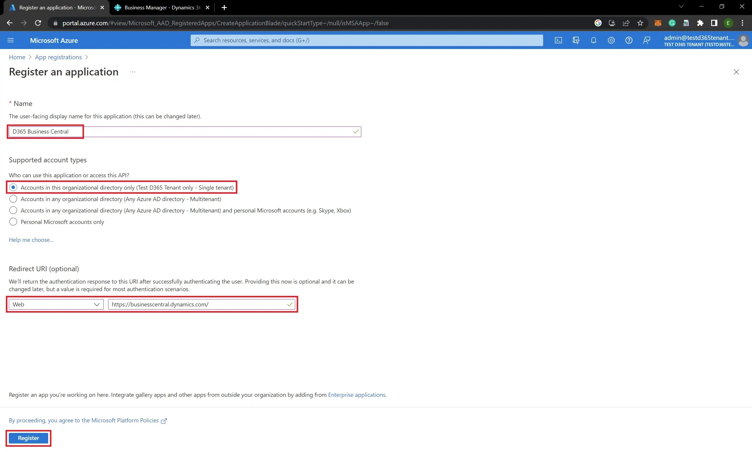 How to register business central app with api permissions in azure