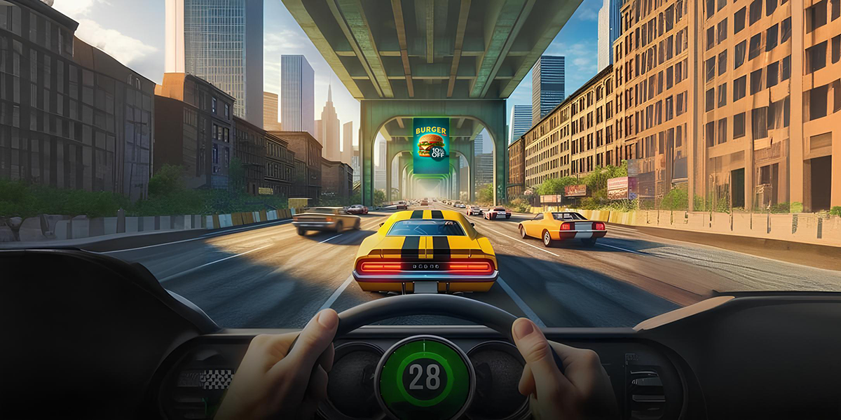 First person view from inside a racing game car driving through a city highway with traffic and a digital burger advertisement displayed on an overhead structure.