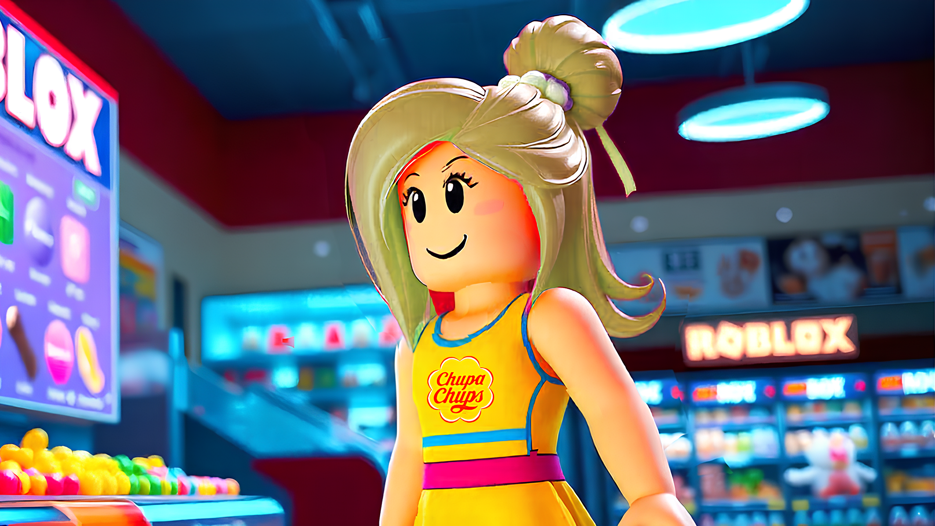 Roblox-style female avatar wearing a Chupa Chups branded outfit inside a virtual retail environment, demonstrating in-game brand placement within a gaming platform.