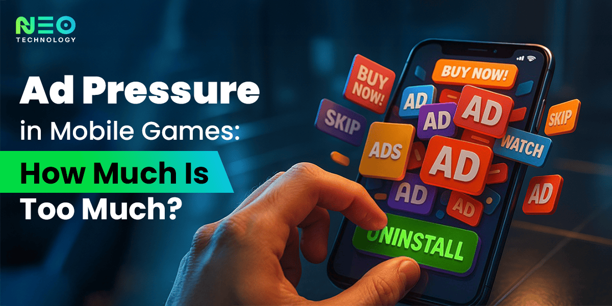 Hand holding a smartphone overloaded with colorful ad buttons such as Buy Now, Ads, Skip, and Uninstall, illustrating excessive ad pressure in mobile games.