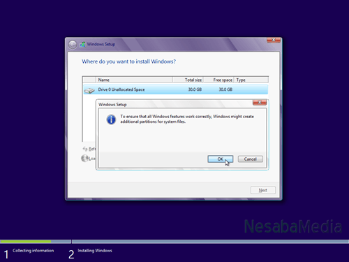 pilih OK untuk pembuatan system reserved partition