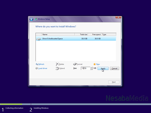 pilih Drive options (advanced) > New