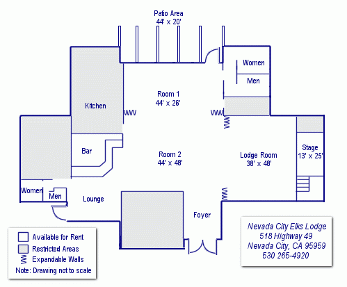 Space Rental: floorpan of the Nevada City Elks Lodge in Nevada City, California easily accessible off of Hwy 49.