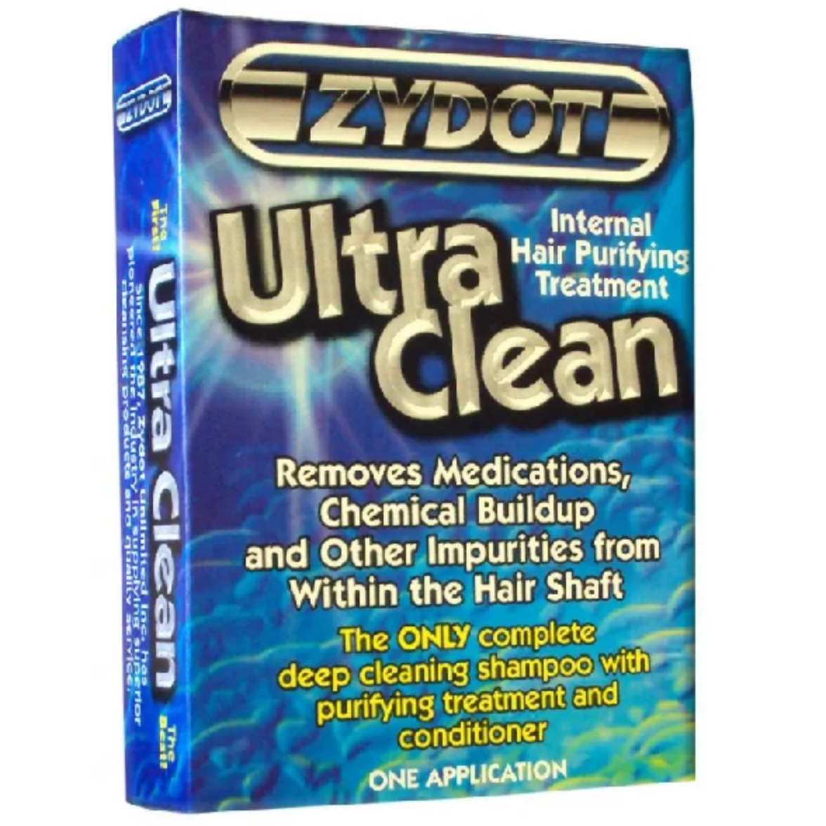 An image of Zydot Ultra Clean Shampoo, a product designed for hair detoxification to pass a drug test. The bottle features a bright, eye-catching label with blue and yellow colors. The brand name "Zydot" is prominently displayed at the top, with "Ultra Clean Shampoo" clearly indicated below. The label highlights its benefits and instructions for use. The bottle has a secure, flip-top cap.