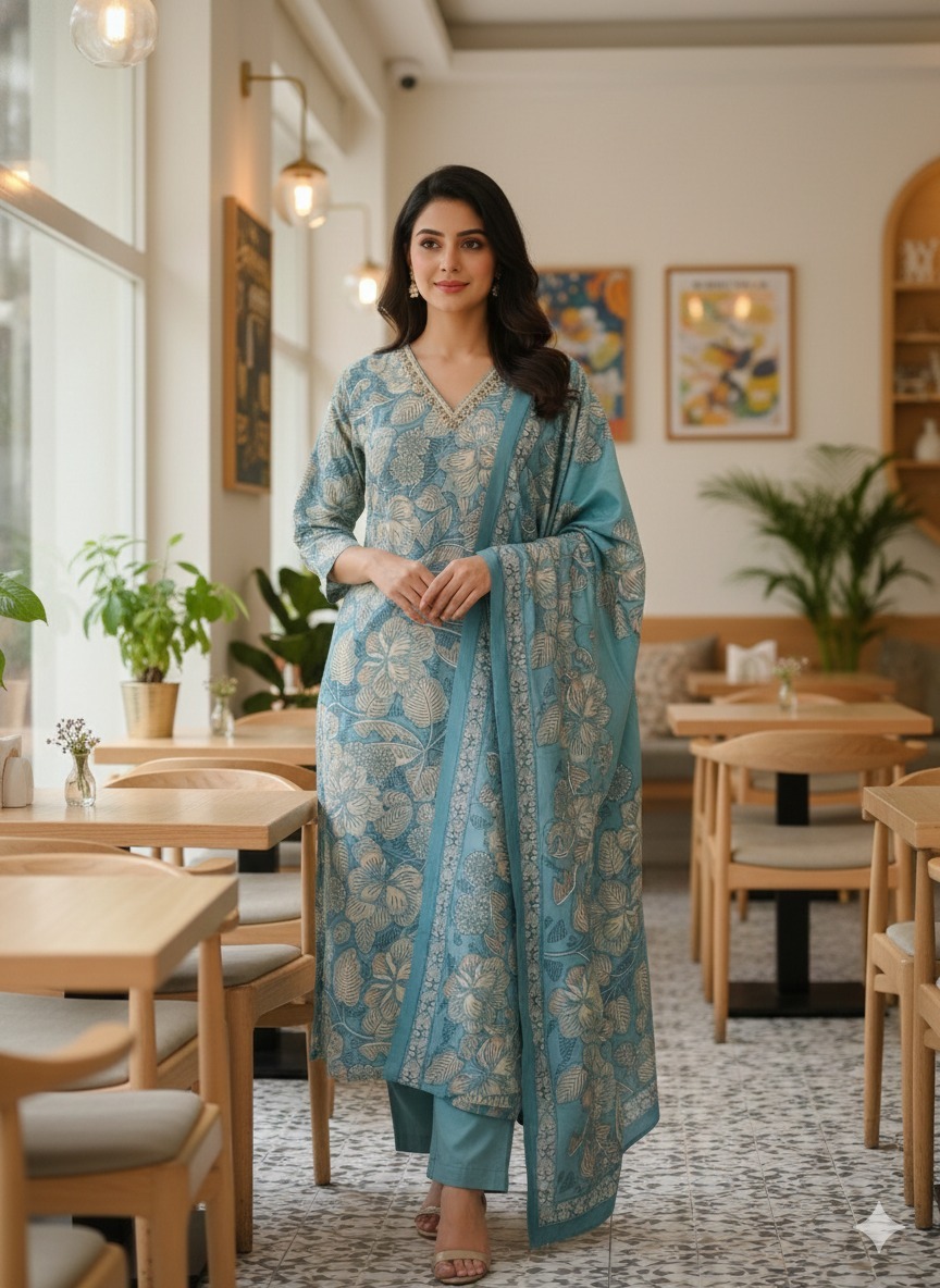 Teal Blue Floral Kurti Set