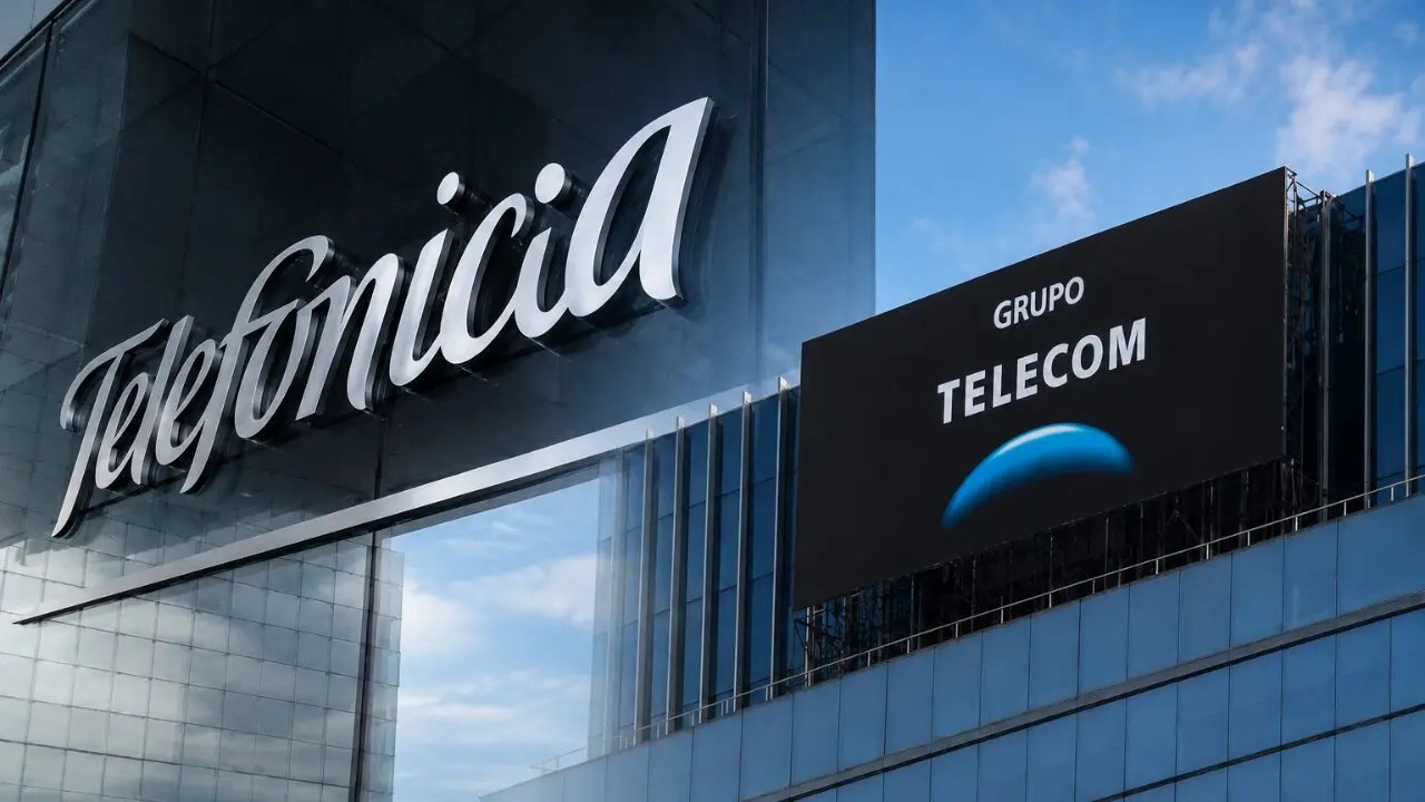 Logotipo de Telefónica en un edificio con un letrero de Grupo Telecom al fondo.