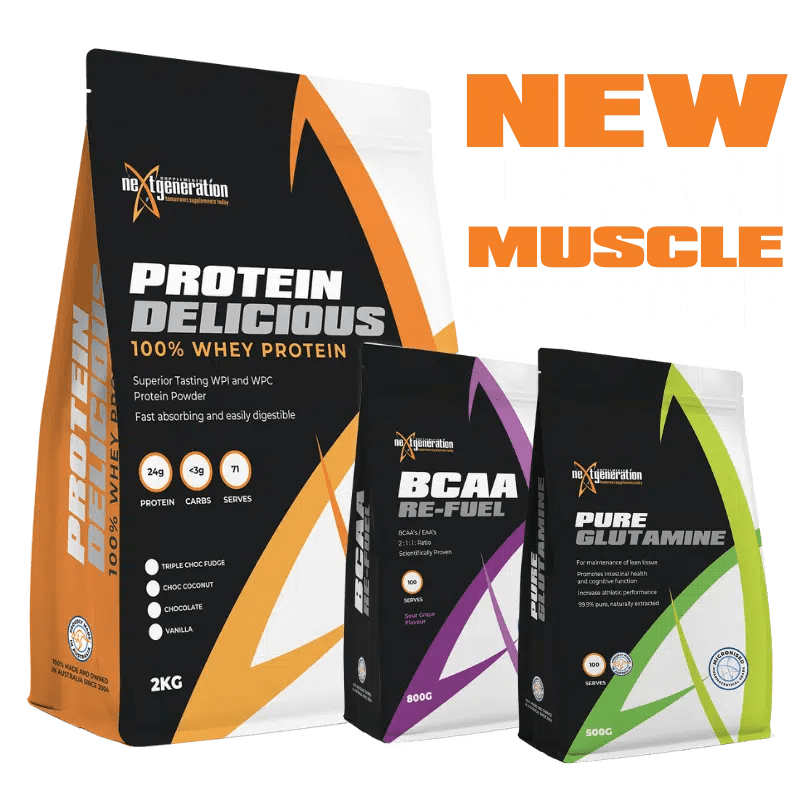 Three supplement packages labeled Protein Delicious, BCAA Re-Fuel, and Pure Glutamine are showcased on a front banner with the bold text "New Lean Muscle Stack.