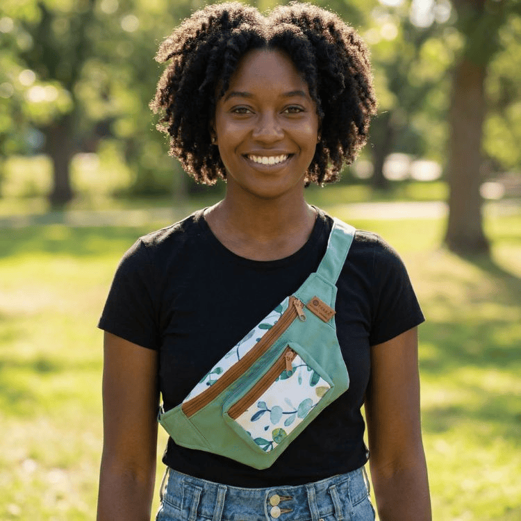 Woman wearing a blue designed fanny pack from Terra Natural Designs