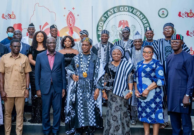 L-R (front row) Edo State Deputy Governor, Philip Shaibu; Governor Godwin Obaseki; Tor Tiv and Chancellor, University of UNIBEN, His Royal Majesty Orcivirigh Prof. James Ortese, his wife, Prof. (Mrs) Felicia Ayatse; Vice-Chancellor, UNIBEN, Prof. Lilian Salami, and Deputy Governor, Benue State, Dr. Sonny Kuku.