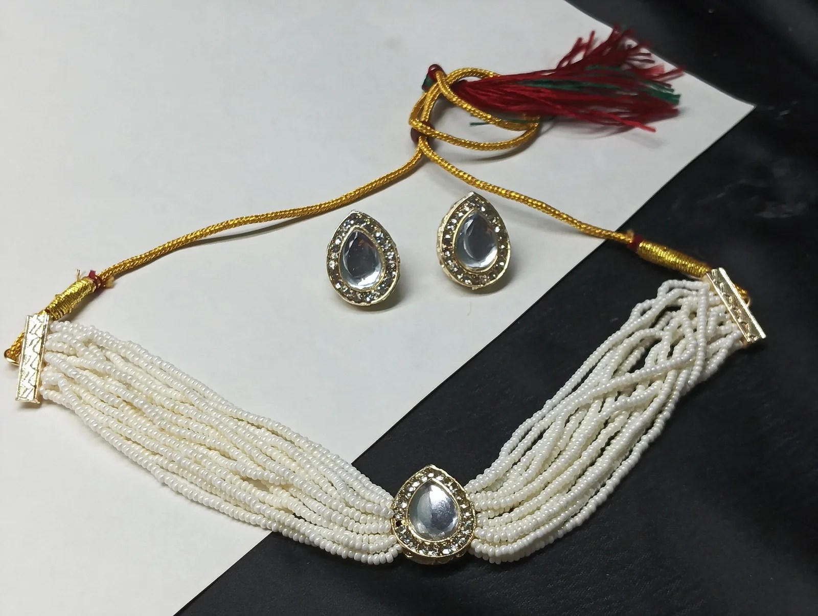 White Beaded Choker Necklace and Earring Set