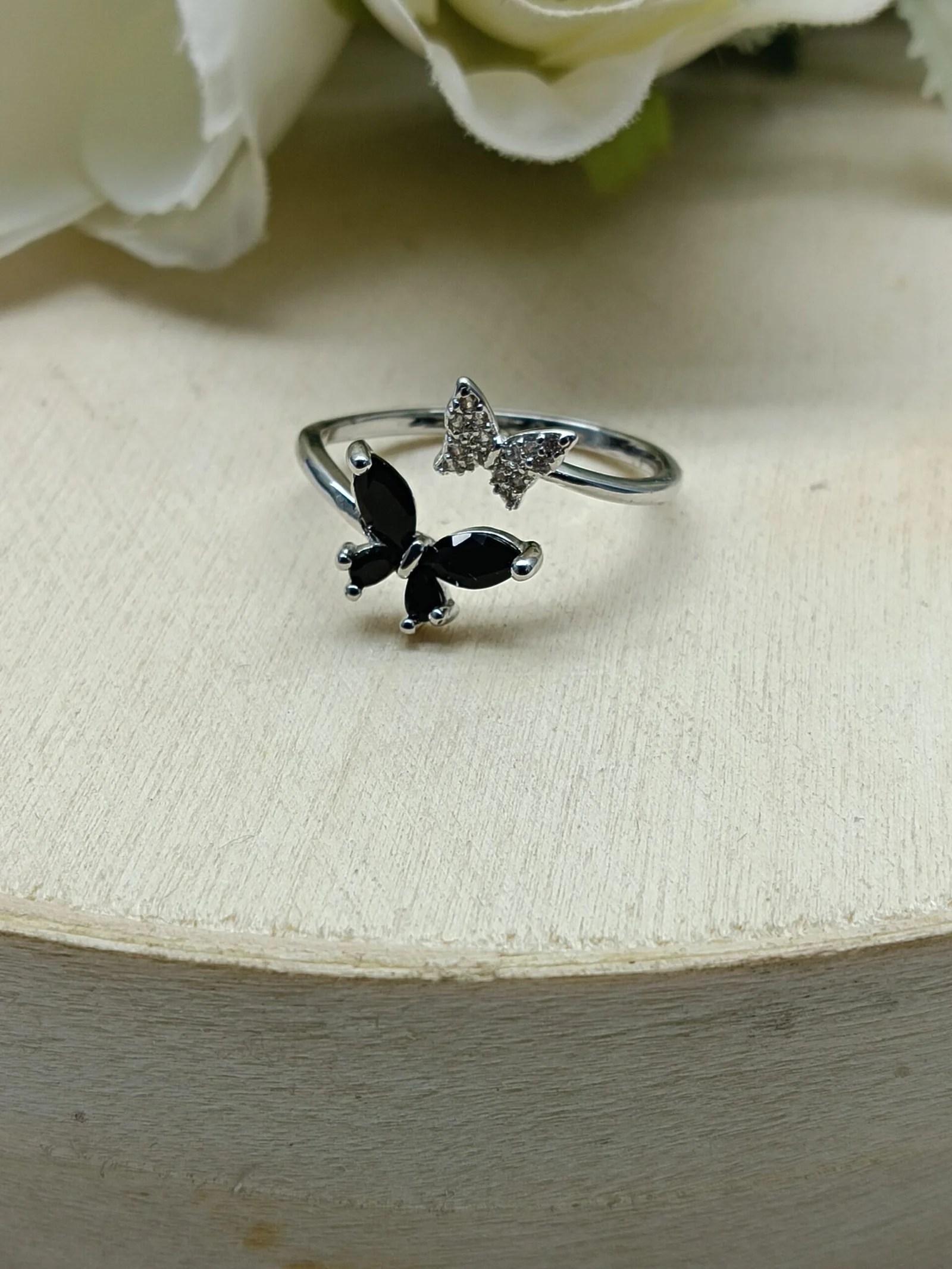Graceful Black Butterfly Adjustable Ring