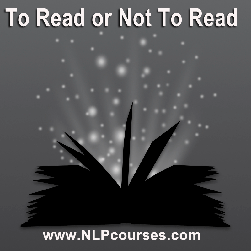 A silhouette of an open book with glowing dots above it. Text reads "To Read or Not To Read" and "www.NLPcourses.com," offering insights into Neuro-Linguistic Programming through their expert NLP training programs.