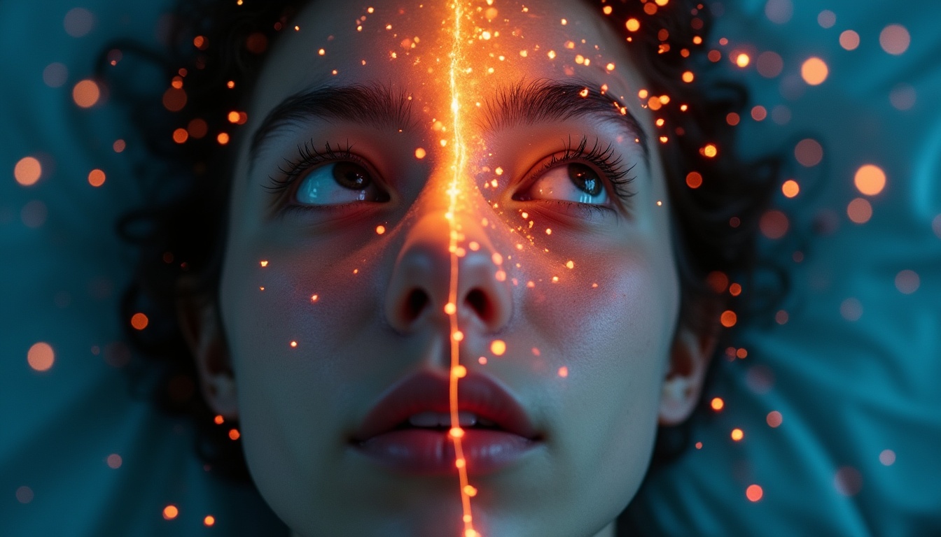 A person lies on their back with eyes open, illuminated by an orange glowing line and particles running vertically down the center of their face, as if using a science-backed sleep technique to train your brain for rest.
