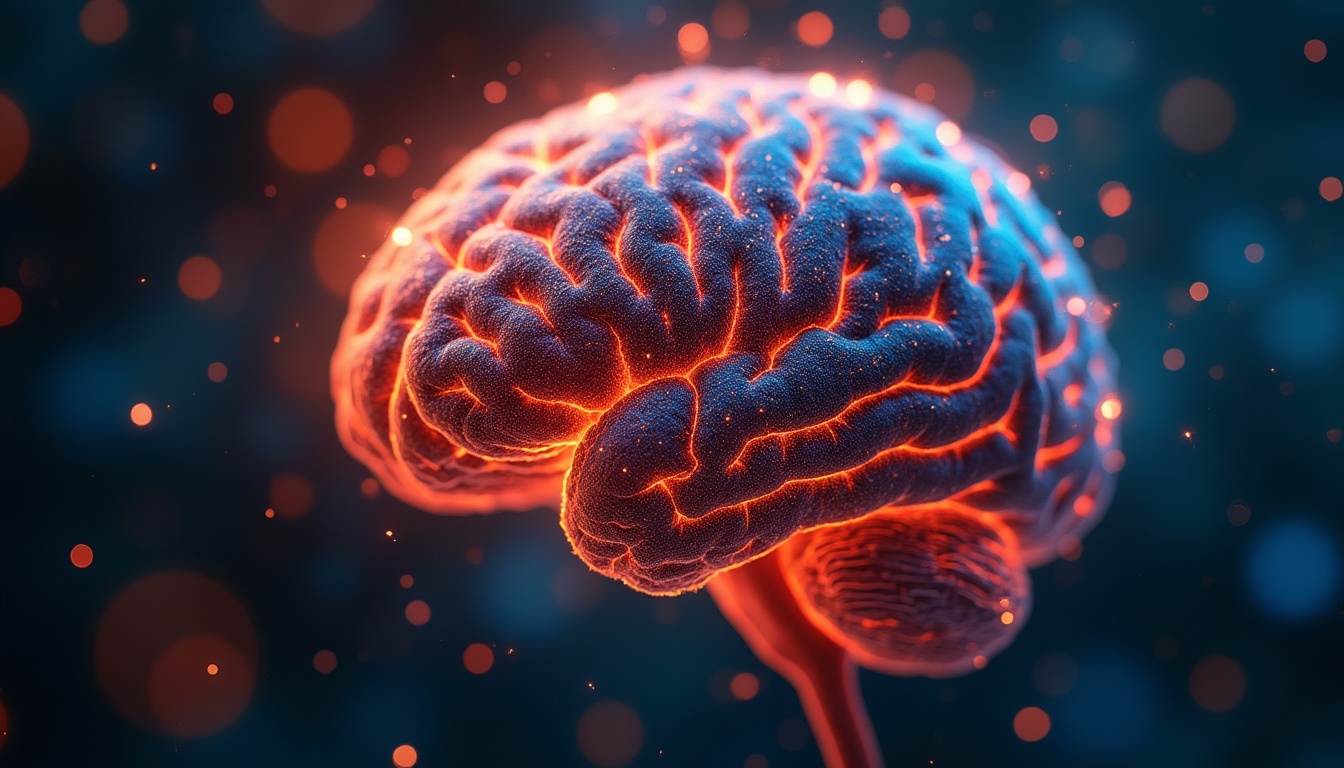 A digital rendering of a human brain with glowing neural pathways illustrates how you can train your brain for better rest, set against a dark background with orange and blue bokeh lights.