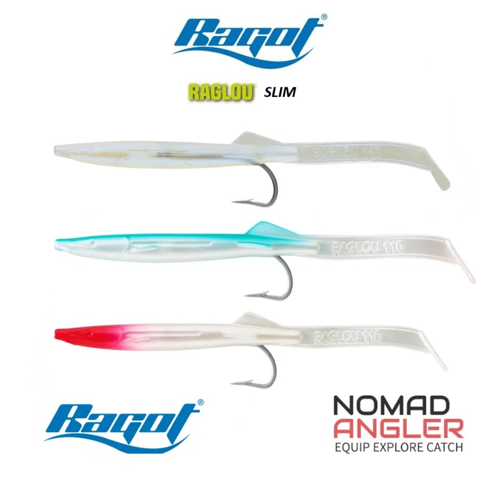Ragot Raglou Slim 110 kopen? Slanke softbait van 110 mm met haak 2/0. Per 3 verpakt in Transparant, Red Head en Pearl Blue.