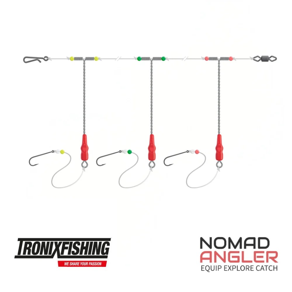 AXIA Twisted Boom Rig met 3 metalen afhouders voor strand- en bootvissen. Kies uit 15 of 20 cm en haakmaat 6, 4, 2 of 1.