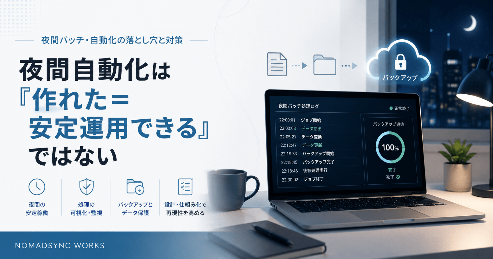 夜間バッチ処理のログ画面とバックアップ完了を示すノートPC。夜間自動化の運用設計をテーマにしたアイキャッチ画像