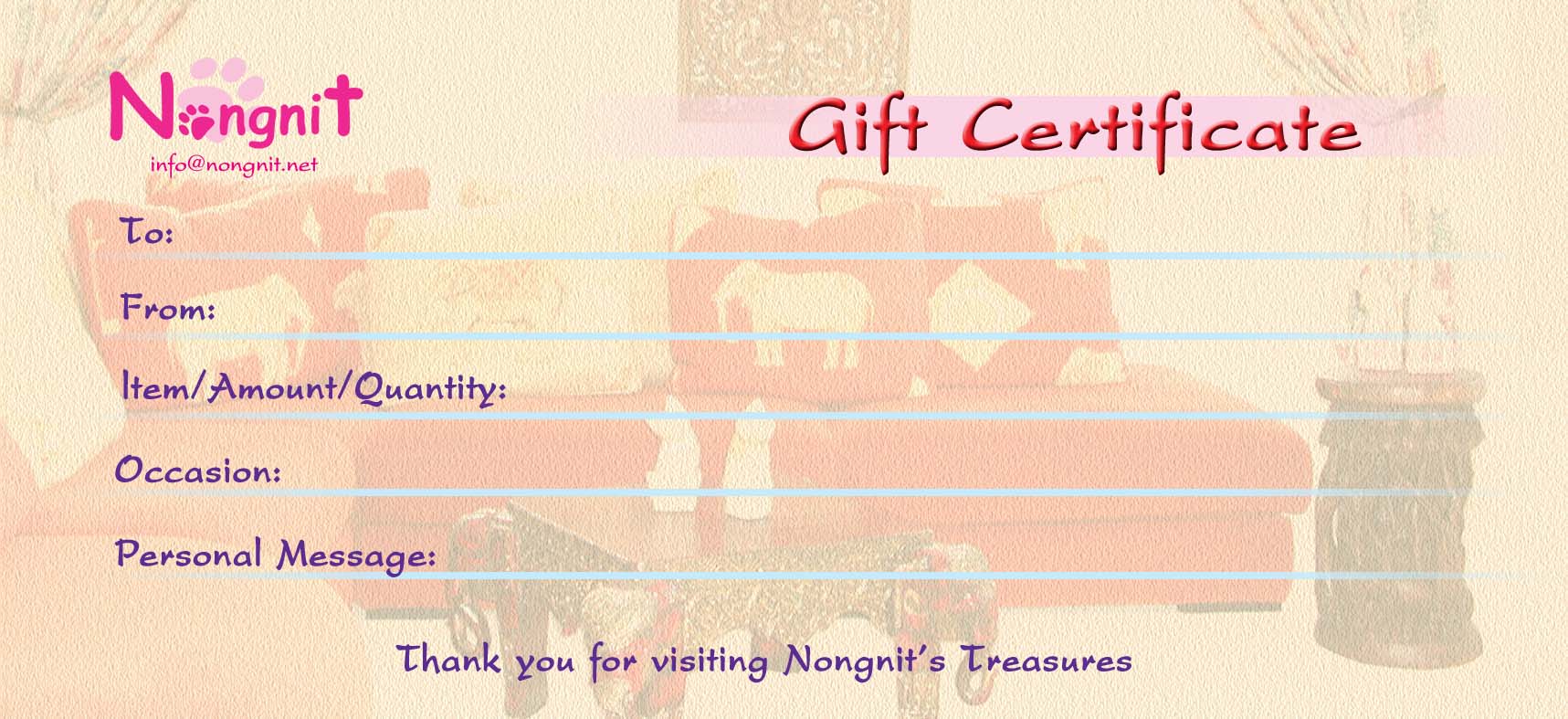 Gift certificate nongnit's treasures asian handcrafted decorating arts