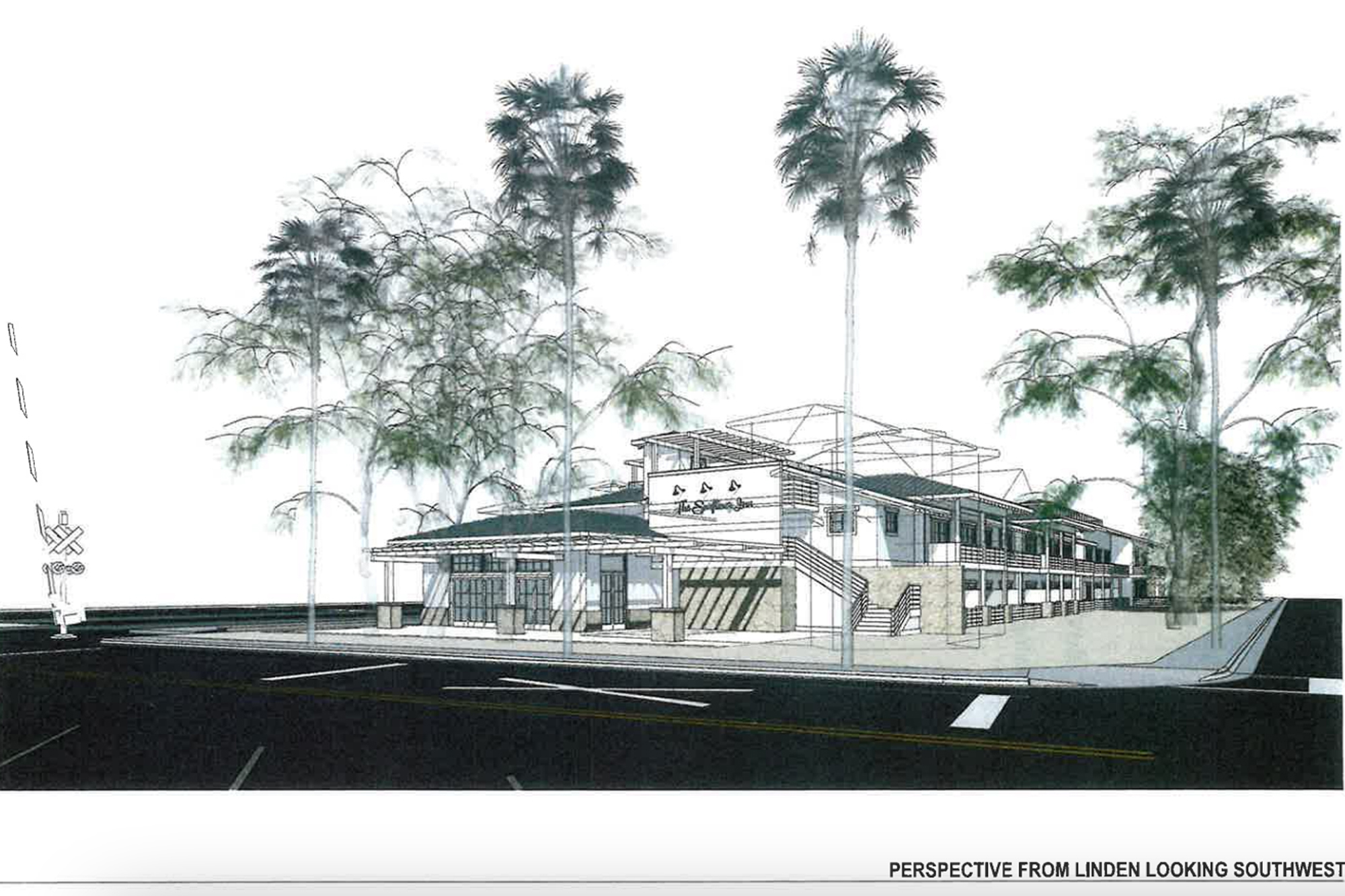 A rendering of the proposed Surfliner Inn in Carpinteria from Linden Avenue looking southwest.