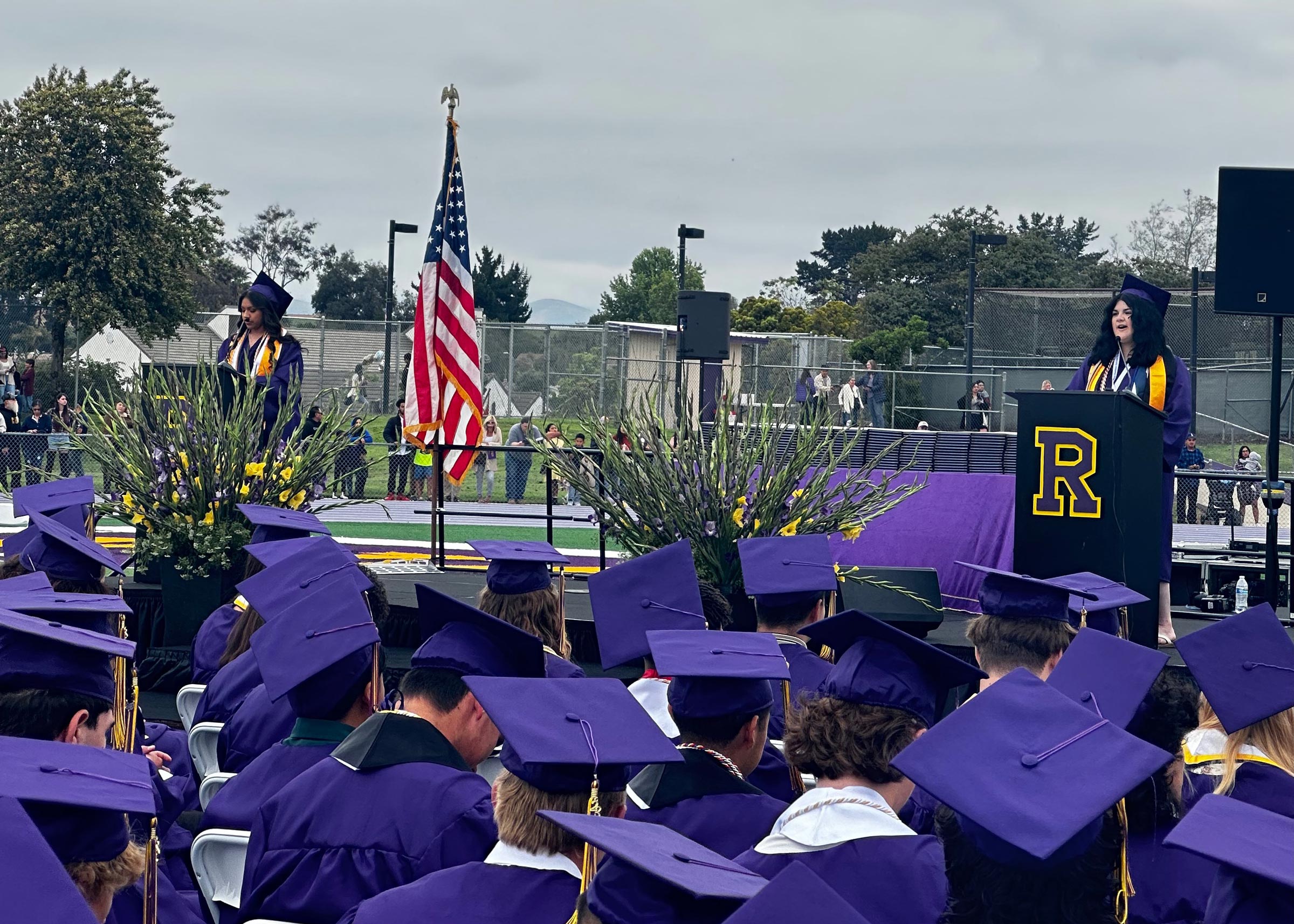 Student speakers Adrena Longoria and Savannah Taylor address their fellow graduates during Righetti High School's Class of 2023 graduation.