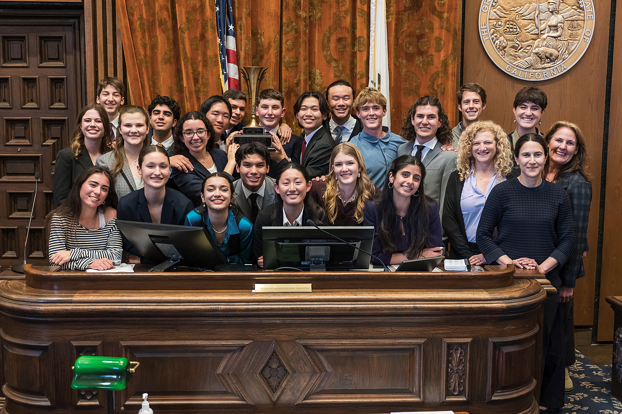 Members of Dos Pueblos High School Mock Trial Team gather in courtroom for victory photo. (Courtesy photo)