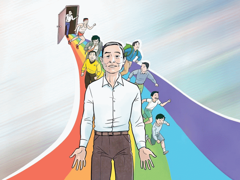 Book cover art for 'It Rhymes with Takei,' illustrated by Harmony Becker. depicts people running out a small door onto a rainbow pathway with George Takei front and center. (Top Shelf Productions)