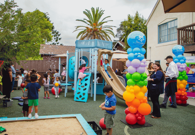 For the children of Storyteller, the new play spaces are already making a difference —places where laughter, creativity and healing are unfolding each day. Rainbow-colored balloons stand out next to the slides, climbers and sandbox. (Valeria Sanchez Photography)