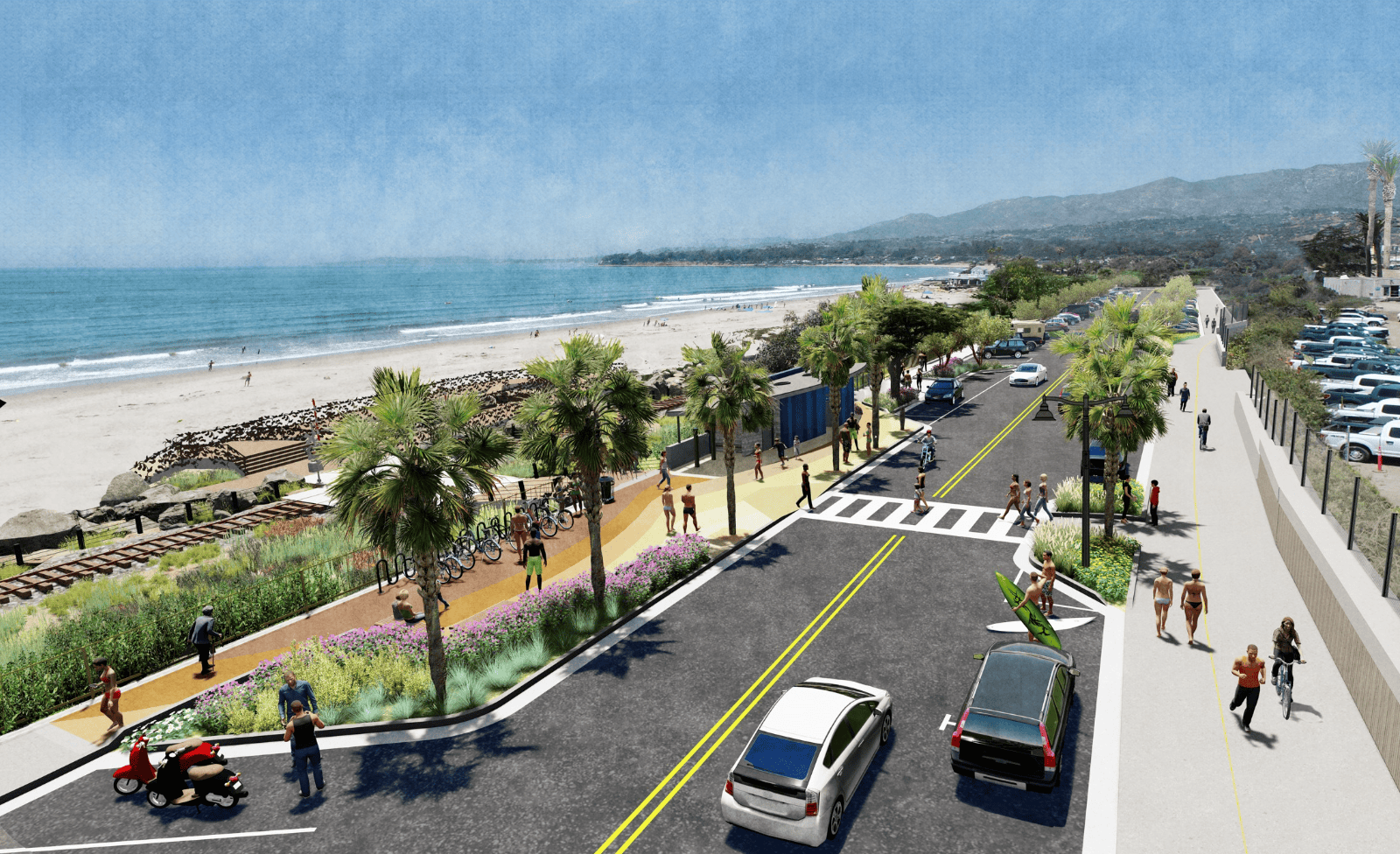 Starting this month, crews will begin construction on an $11-million at-grade railroad crossing project near Santa Claus Lane Beach, seen above in a rendered photo.
