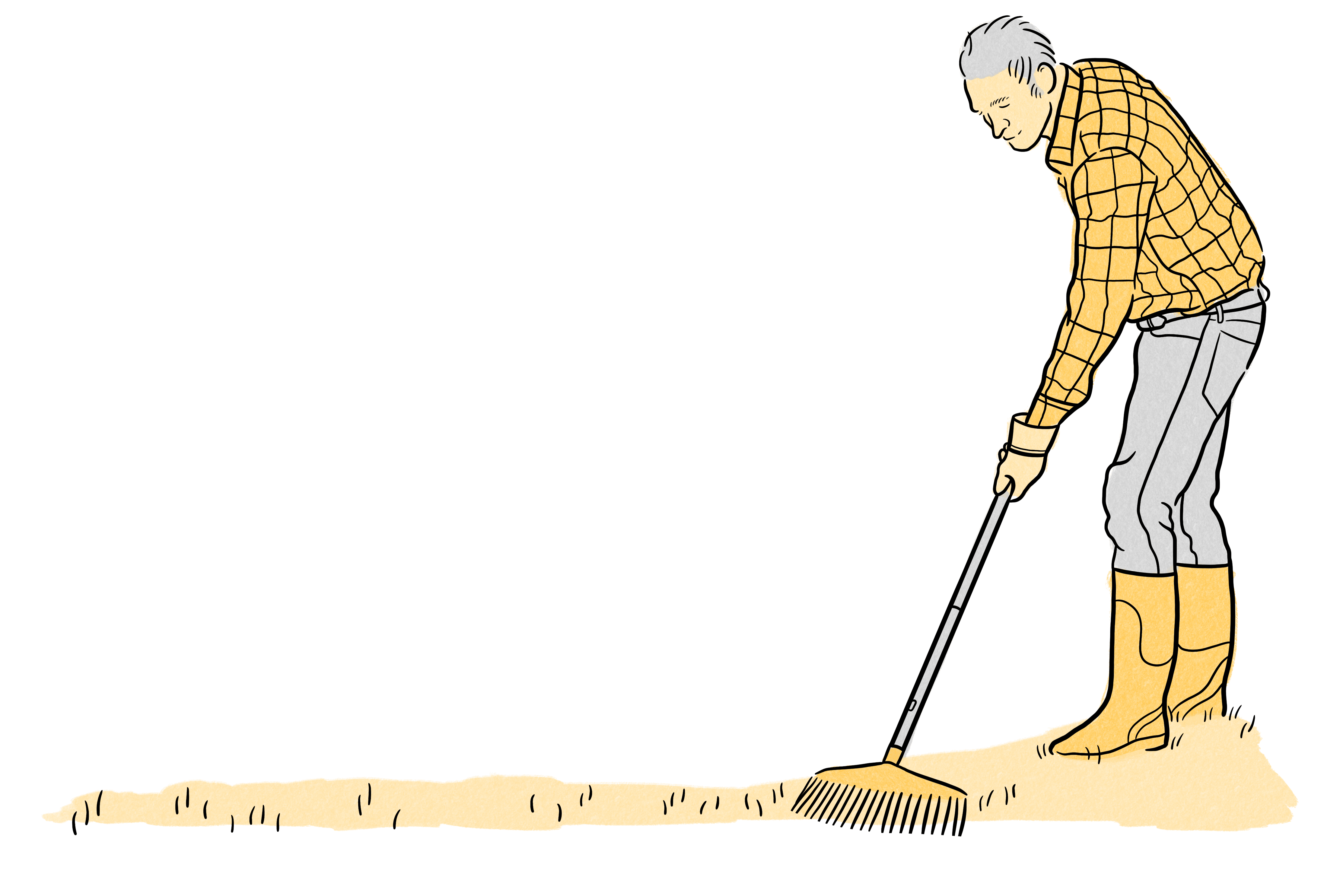 Man die harkt illustratie door Ilse van Kraaij voor Noten Grafmonumenten