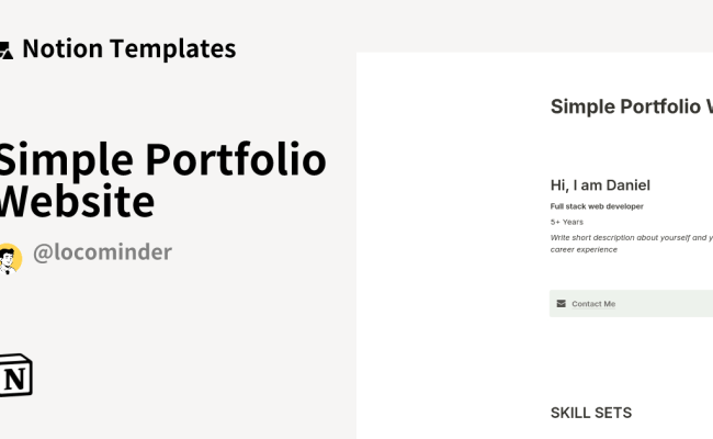 Simple Portfolio Website Template By Locominder | Notion Marketplace