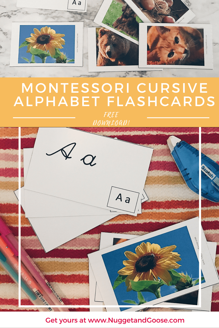 Montessori Cursive Alphabet Flashcards for Preschool Tot School Children - free printable download available at www.NuggetandGoose.com