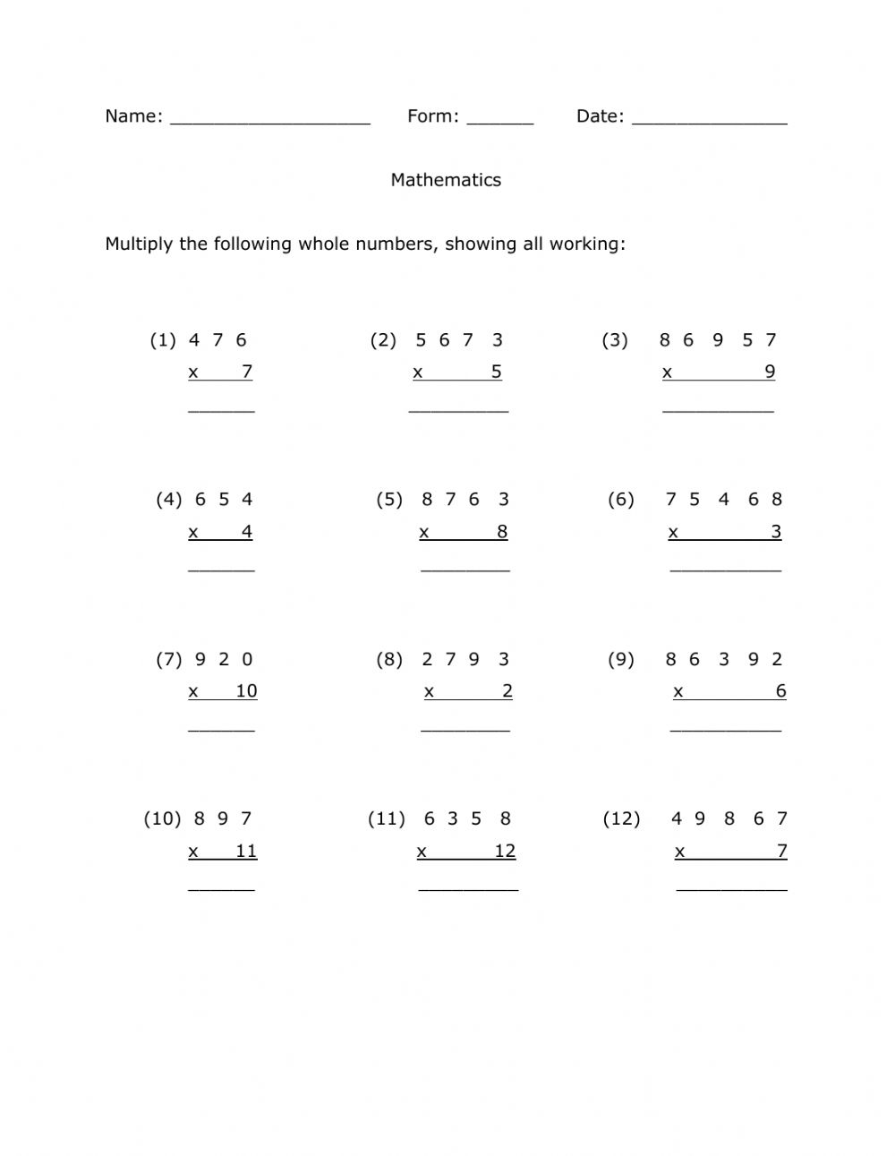 Multiplying Multi Digit Whole Numbers Worksheets