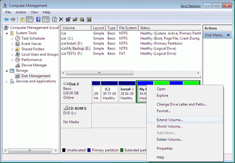 Steps to extend or re-size C system boot drive partition volume