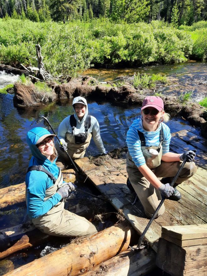 Madelyn S.: Holly Moss (left), Madelyn Stephenson (middle), and Emma Griffith (right) taking out an old bridge from a stream. (Watershed Crew AmeriCorps Member-Payette National Forest).